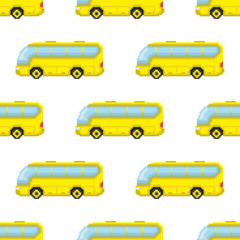 Wall Mural - Pixel yellow buses isolated on white background. Seamless pattern. Side view. Vector graphic illustration. Texture.