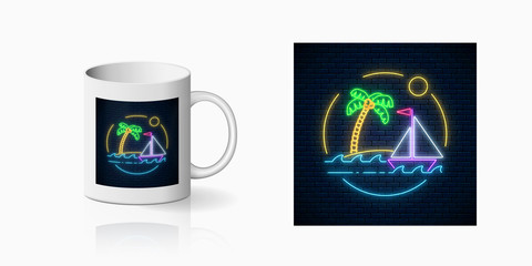 Wall Mural - Neon summer print with sailing ship and island with palm in ocean in round frames for cup design. Shiny summertime symbol, design, banner in neon style on mug mockup. Vector shiny design element