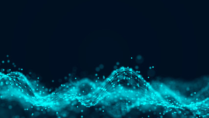 Futuristic abstract mesh. Wave with the connection of luminous points and lines. 3D rendering.