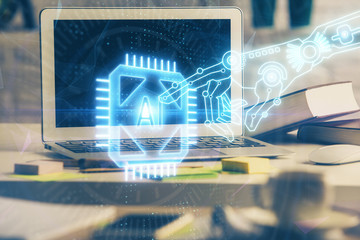 multi exposure of desktop computer and technology theme hologram. concept of software development.