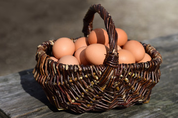 An old wicker basket, full of fresh eggs, stands on an old weathered wooden bench outdoors