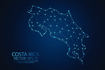 Wall Mural - Abstract mesh line and point scales on dark background with map of Costa rica. Wire frame 3D mesh polygonal network line, design sphere, dot and structure. Vector illustration eps 10.