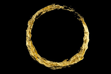 Wall Mural - golden liquid splash circle isolated on black color background. 3d render illustration