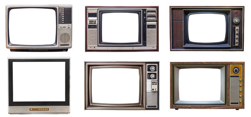 set of classic vintage retro style old television with cut screen, old tv isolated on white backgrou