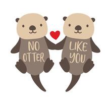 Vector Illustration Of Two Cute Sea Otters Couple Floating And Holding Hands.