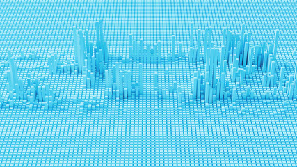 Fototapete - 3d render of grid of blocks with pushing up details. Complex digital and analysing concept. Technology background.