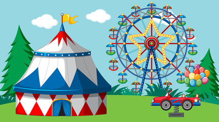 Wall Mural - Scene with ferris wheel and big tent in the fun park