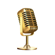 Microphone Vintage Style Radio Equipment Vector. Microphone For Singer Or Leading Concert Device. Singing Or Speak Tool Glossy Golden Color Concept Template Realistic 3d Illustration