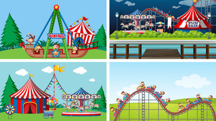 Wall Mural - Four scenes with many rides in the fun fair