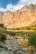 Wadi Tiwi river and canyon with rocky cliffs and green water springs - Sultanate of Oman