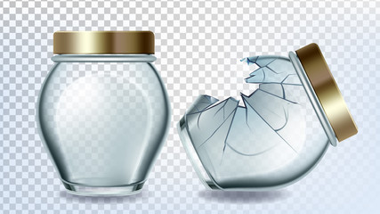 Sticker - Jar Glass And Broken Bottle With Golden Cap Vector. Empty Glass Bottle For Storaging Plum, Apricot, Cherry Or Strawberry. Glassware For Pickled Fruit Template Realistic 3d Illustration