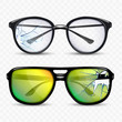 © PikePicture - Broken Glasses And Spectacle Accessory Set Vector. Sun Protection Glasses. Classic Sunglasses With Plastic Frame. Crashed Optical Eyeglasses Concept Template Realistic 3d Illustrations