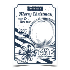 Poster - Merry Christmas Celebration Creative Banner Vector. Empty Snowglobe Christmas Souvenir and Gift Box In Heart Shape. Celebratory Present Sphere Template Hand Drawn Monochrome Illustration