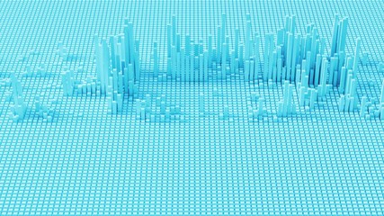 Fototapete - Blue 3d render of grid of blocks with pushing up details. Complex digital and analysing concept. Technology background. Loop sequence.