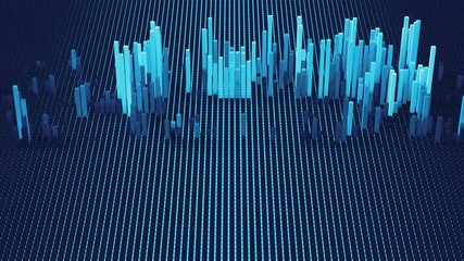 Fototapete - Blue 3d render of grid of blocks with pushing up details. Complex digital and analysing concept. Technology background. Loop sequence.