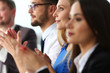 © H_Ko - Group of people clap their arm in row during seminar portrait. Great news brief achievement win deal good job happy birthday employee introduce party positive welcome effective speech concept