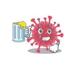 Sticker - Cheerful coronavirus disease mascot design with a glass of beer