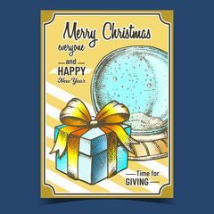 Poster - Merry Christmas Gifts Advertising Banner Vector. Christmas Snow Globe Souvenir With Snowflakes And Present Box. Xmas Celebration Decoration Sphere Template Designed In Vintage Style Color Illustration