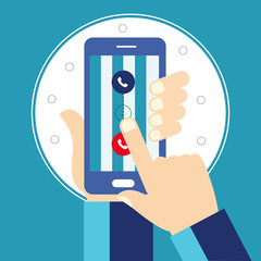 Poster - Incoming call on smartphone screen. Calling service. Hand holds smartphone, finger touch screen