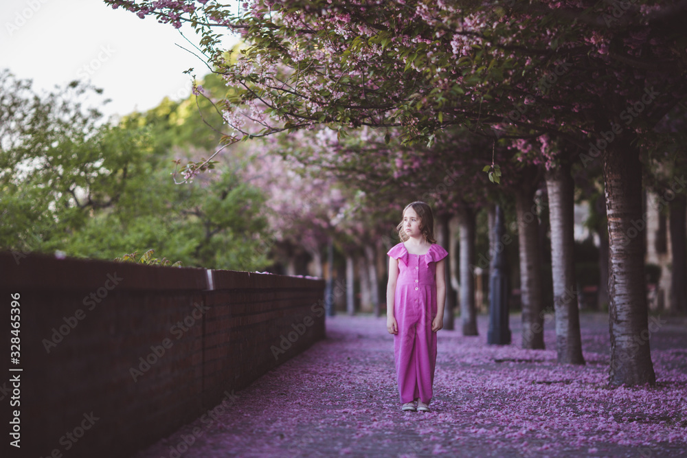 Beautiful girl in pink dress in cherry blossom park on a spring day ...