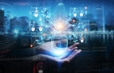 Fototapete - Man hand holding and touching holographic projection of a plant with digital analysis 3D rendering