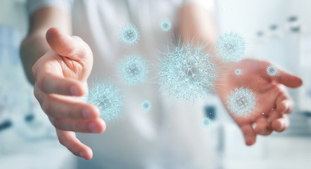 Poster - Man analyzing bacteria with digital holographic projection close-up 3D rendering