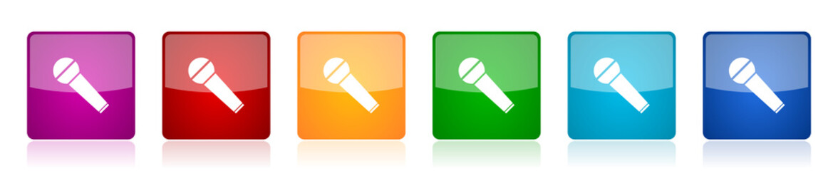 Aufkleber - Microphone and music icon set, karaoke colorful square glossy vector illustrations in 6 options for web design and mobile applications
