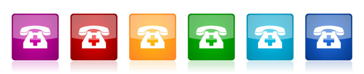Aufkleber - Emergency call icon set, phone colorful square glossy vector illustrations in 6 options for web design and mobile applications