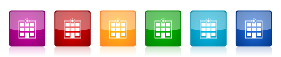 Aufkleber - Hospital building icon set, colorful square glossy vector illustrations in 6 options for web design and mobile applications