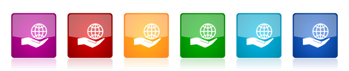 Poster - Hand care planet environment icon set, colorful square glossy vector illustrations in 6 options for web design and mobile applications
