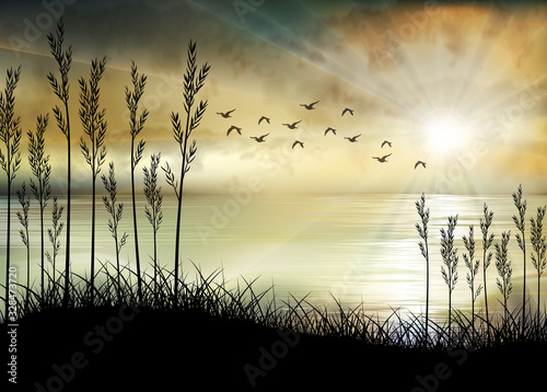 Cuadros en Lienzo Tropical sunrise on sea and sea boat