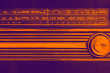 An Old Radio Frequency Tuning In Abstract Colorful Style. Retro Background. Retro Music Concept. Music Radio Sound Wave. Classic Vintage Design. Radio Station Signal.
