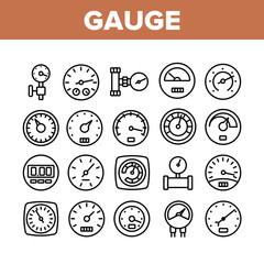 Wall Mural - Gauge Meter Equipment Collection Icons Set Vector. Speedometer And Car Fuel Gauge, Gaz Measurement Pressure Industrial Tool Concept Linear Pictograms. Monochrome Contour Illustrations