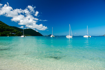 Wall Mural - Classic Caribbean paradise view with tranquil turquoise waters under green island mountains