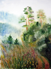 watercolor drawing two pine trees and blooming meadow on a blurred background