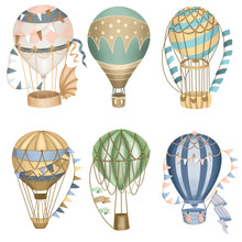 Collection Of Retro Hot Air Balloons, Hand Drawn Isolated On A White Background