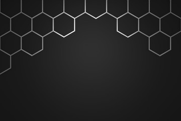 Abstract silver hexagon pattern frame on dark background with futuristic concept. Backdrops surface and black material template. 3D rendering.