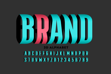 Three dimensional style font design, alphabet letters and numbers