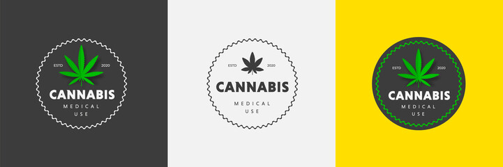 Poster - Vector label template with green leaf of medical marijuana, natural product cbd and thc, on a colored background with abstract pattern.Vector label template with green leaf of medical marijuana, natur