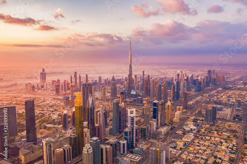 Fotomural Aerial view of Burj Khalifa in Dubai Downtown skyline and highway, United Arab Emirates or UAE