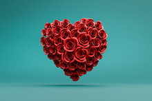 3d Rendering: A Heart Of Red Roses In Front Of A Turquoise Background; Love And Tenderness Concept - Valentines Day Or Mother's Day