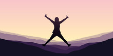 Happy Girl With Raised Arms Jumps At Purple Mountain Landscape Vector Illustration EPS10