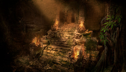 The ancient ruins of the temple in the jungle, lit by the rays of the sun, an old stone covered with roots and moss, along the stairs leading to the entrance fire burns. 2d illustration.