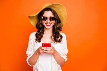 Wall Mural - photo of funny lady summer time holding telephone sending best friend photos from tropical ocean res