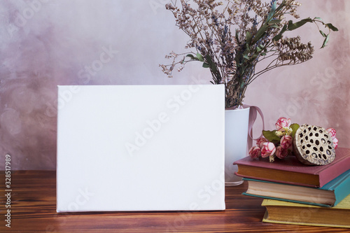 Download Blank Canvas Board In Stylish Cozy Interior Spring Home Decor Mockup Poster Frame On Table Stock Photo Adobe Stock