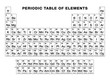Periodic table of elements, black and white. Periodic table, tabular display of the 118 known chemical elements. With atomic numbers, chemical names and symbols. English labeled. Illustration. Vector.