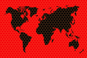 world map with continents and islands of black on a red background with a grid