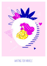 Pregnant Woman Waiting A Baby. Celebration Card In Flat Linear Style. Vector Banner.