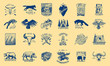 Set of camping labels or badges. Hiking or hunting emblems and outdoor adventure elements collection. Monochrome forest and alpine mountains, campfire and native american. Hand drawn engraved sketch.