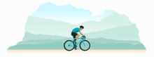 A Young man in helmet is cycling a bicycle. Sports activity. Athlete is riding a bike on a sunny day. Vector flat style illustration 